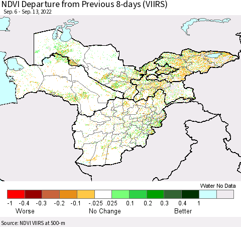 Central Asia NDVI Departure from Previous 8-days (VIIRS) Thematic Map For 9/6/2022 - 9/13/2022