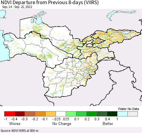 Central Asia NDVI Departure from Previous 8-days (VIIRS) Thematic Map For 9/14/2022 - 9/21/2022