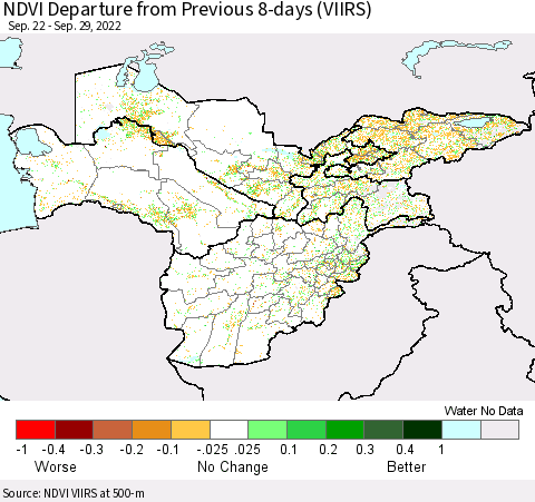 Central Asia NDVI Departure from Previous 8-days (VIIRS) Thematic Map For 9/22/2022 - 9/29/2022