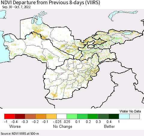 Central Asia NDVI Departure from Previous 8-days (VIIRS) Thematic Map For 9/30/2022 - 10/7/2022