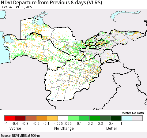 Central Asia NDVI Departure from Previous 8-days (VIIRS) Thematic Map For 10/24/2022 - 10/31/2022