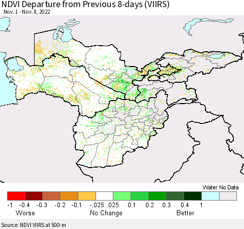 Central Asia NDVI Departure from Previous 8-days (VIIRS) Thematic Map For 11/1/2022 - 11/8/2022