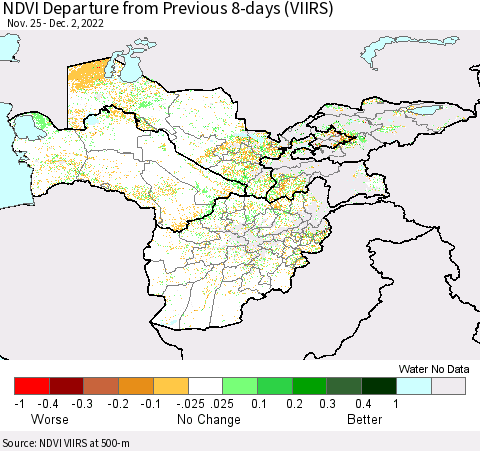 Central Asia NDVI Departure from Previous 8-days (VIIRS) Thematic Map For 11/25/2022 - 12/2/2022
