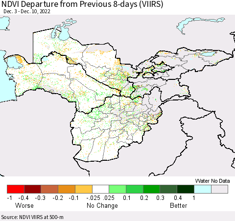 Central Asia NDVI Departure from Previous 8-days (VIIRS) Thematic Map For 12/3/2022 - 12/10/2022