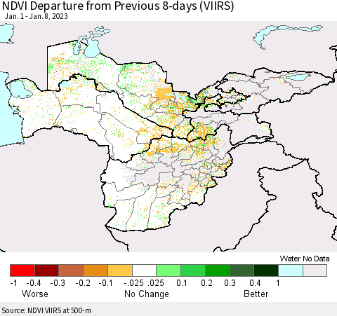 Central Asia NDVI Departure from Previous 8-days (VIIRS) Thematic Map For 1/1/2023 - 1/8/2023