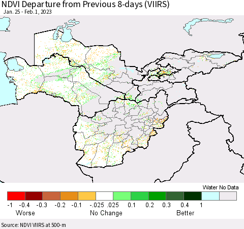 Central Asia NDVI Departure from Previous 8-days (VIIRS) Thematic Map For 1/25/2023 - 2/1/2023