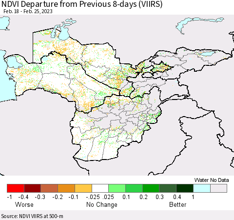 Central Asia NDVI Departure from Previous 8-days (VIIRS) Thematic Map For 2/18/2023 - 2/25/2023