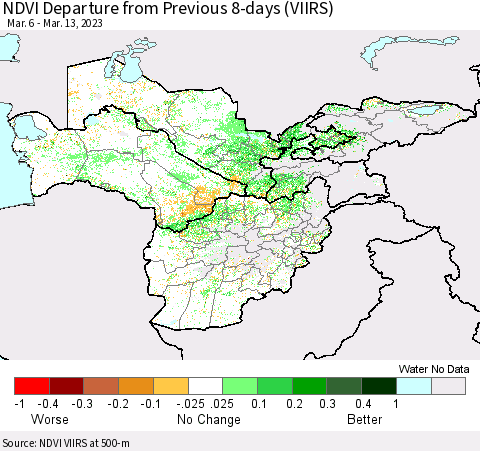 Central Asia NDVI Departure from Previous 8-days (VIIRS) Thematic Map For 3/6/2023 - 3/13/2023
