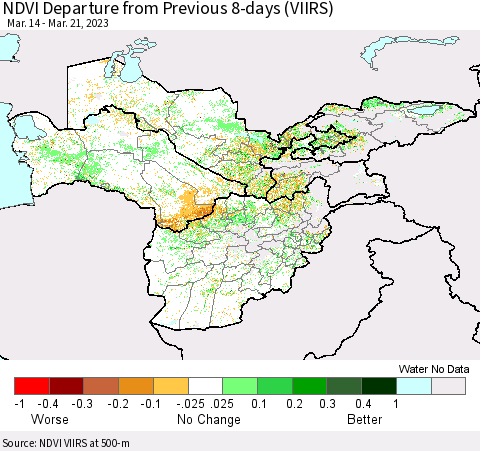 Central Asia NDVI Departure from Previous 8-days (VIIRS) Thematic Map For 3/14/2023 - 3/21/2023