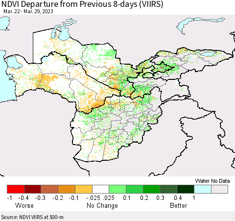 Central Asia NDVI Departure from Previous 8-days (VIIRS) Thematic Map For 3/22/2023 - 3/29/2023