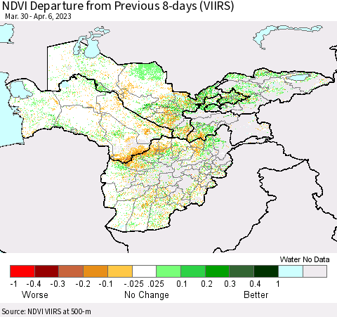 Central Asia NDVI Departure from Previous 8-days (VIIRS) Thematic Map For 3/30/2023 - 4/6/2023