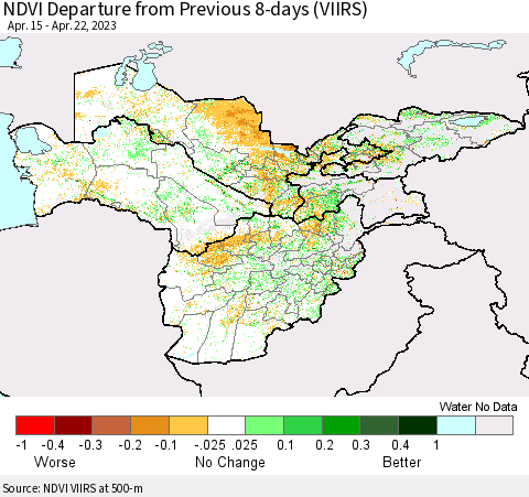 Central Asia NDVI Departure from Previous 8-days (VIIRS) Thematic Map For 4/15/2023 - 4/22/2023