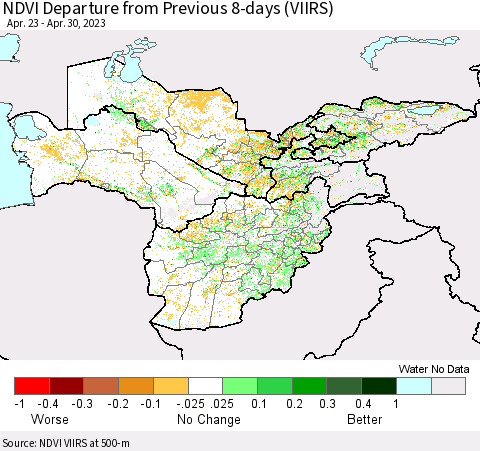 Central Asia NDVI Departure from Previous 8-days (VIIRS) Thematic Map For 4/23/2023 - 4/30/2023