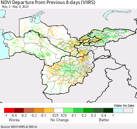 Central Asia NDVI Departure from Previous 8-days (VIIRS) Thematic Map For 5/1/2023 - 5/8/2023