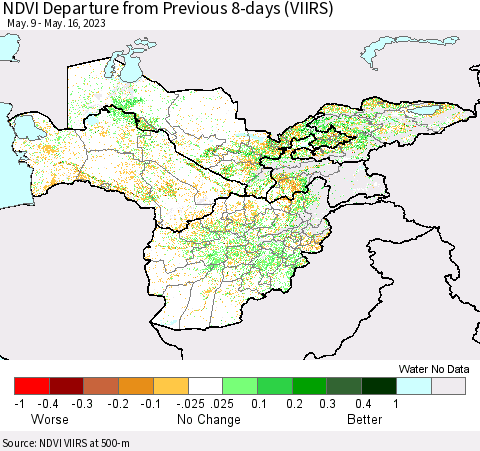 Central Asia NDVI Departure from Previous 8-days (VIIRS) Thematic Map For 5/9/2023 - 5/16/2023