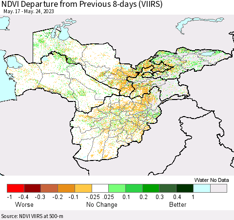 Central Asia NDVI Departure from Previous 8-days (VIIRS) Thematic Map For 5/17/2023 - 5/24/2023