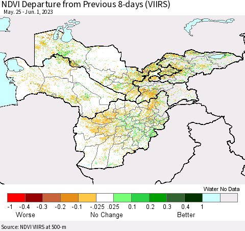 Central Asia NDVI Departure from Previous 8-days (VIIRS) Thematic Map For 5/25/2023 - 6/1/2023