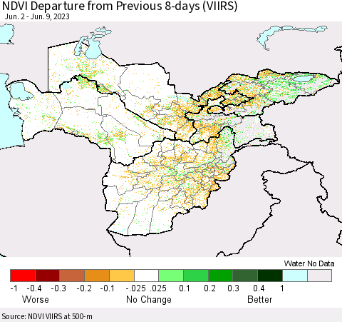 Central Asia NDVI Departure from Previous 8-days (VIIRS) Thematic Map For 6/2/2023 - 6/9/2023