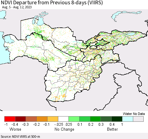 Central Asia NDVI Departure from Previous 8-days (VIIRS) Thematic Map For 8/5/2023 - 8/12/2023