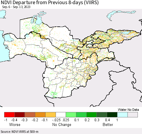 Central Asia NDVI Departure from Previous 8-days (VIIRS) Thematic Map For 9/6/2023 - 9/13/2023