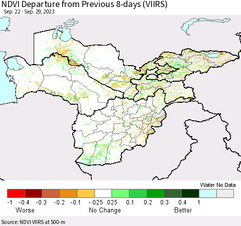 Central Asia NDVI Departure from Previous 8-days (VIIRS) Thematic Map For 9/22/2023 - 9/29/2023