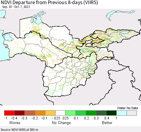 Central Asia NDVI Departure from Previous 8-days (VIIRS) Thematic Map For 9/30/2023 - 10/7/2023