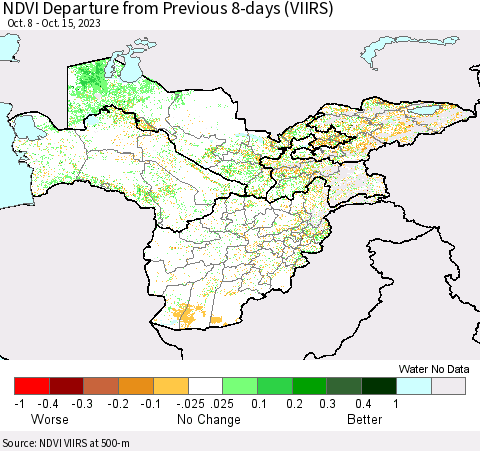 Central Asia NDVI Departure from Previous 8-days (VIIRS) Thematic Map For 10/8/2023 - 10/15/2023