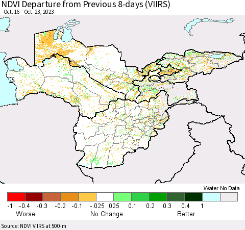 Central Asia NDVI Departure from Previous 8-days (VIIRS) Thematic Map For 10/16/2023 - 10/23/2023