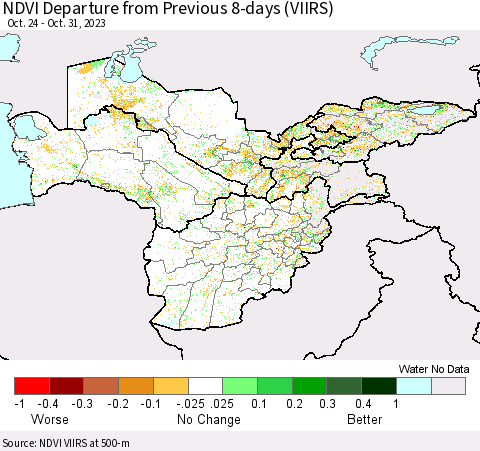 Central Asia NDVI Departure from Previous 8-days (VIIRS) Thematic Map For 10/24/2023 - 10/31/2023