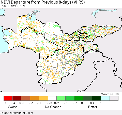 Central Asia NDVI Departure from Previous 8-days (VIIRS) Thematic Map For 11/1/2023 - 11/8/2023