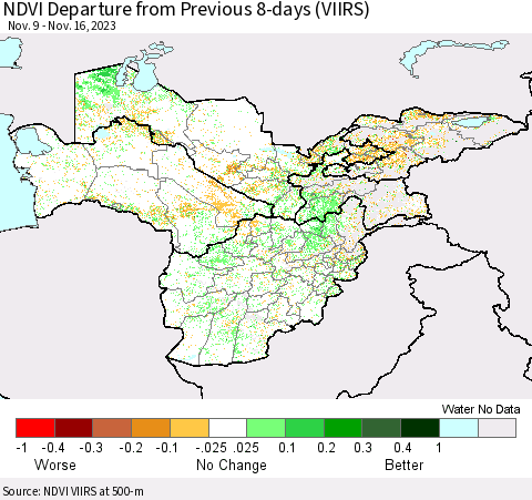 Central Asia NDVI Departure from Previous 8-days (VIIRS) Thematic Map For 11/9/2023 - 11/16/2023