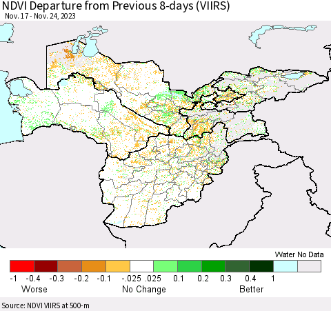 Central Asia NDVI Departure from Previous 8-days (VIIRS) Thematic Map For 11/17/2023 - 11/24/2023