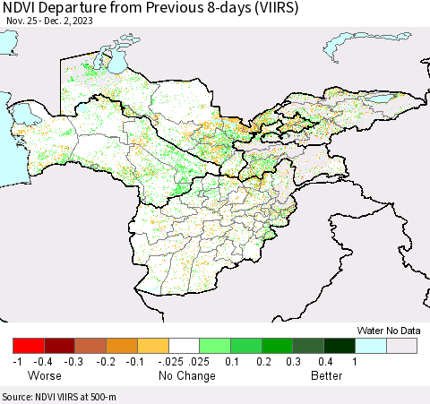 Central Asia NDVI Departure from Previous 8-days (VIIRS) Thematic Map For 11/25/2023 - 12/2/2023