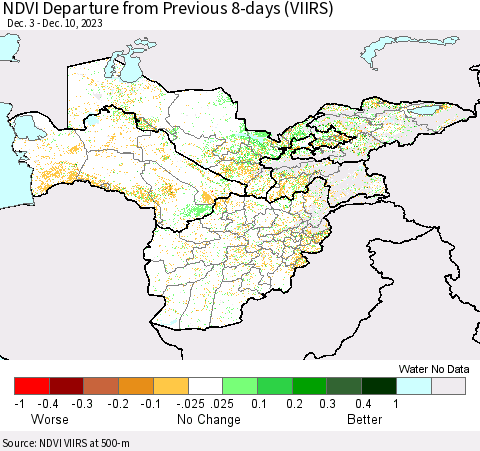 Central Asia NDVI Departure from Previous 8-days (VIIRS) Thematic Map For 12/3/2023 - 12/10/2023