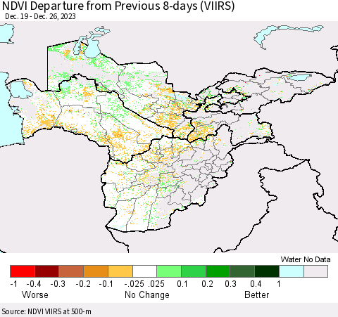 Central Asia NDVI Departure from Previous 8-days (VIIRS) Thematic Map For 12/19/2023 - 12/26/2023