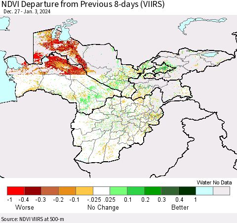 Central Asia NDVI Departure from Previous 8-days (VIIRS) Thematic Map For 12/27/2023 - 1/3/2024