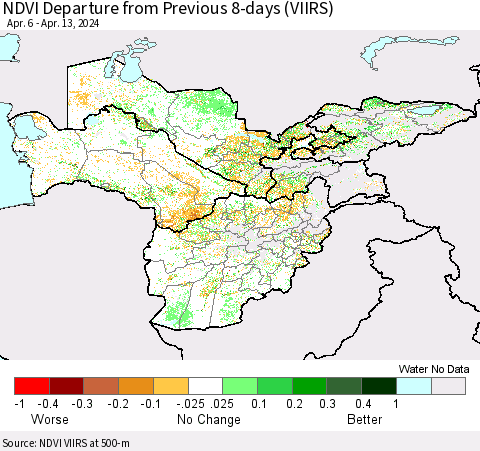 Central Asia NDVI Departure from Previous 8-days (VIIRS) Thematic Map For 4/6/2024 - 4/13/2024