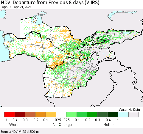 Central Asia NDVI Departure from Previous 8-days (VIIRS) Thematic Map For 4/14/2024 - 4/21/2024