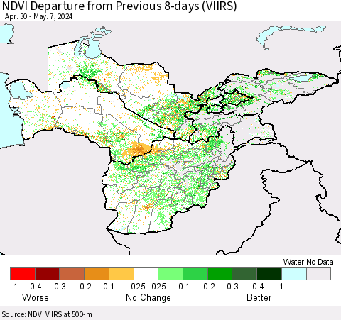 Central Asia NDVI Departure from Previous 8-days (VIIRS) Thematic Map For 4/30/2024 - 5/7/2024