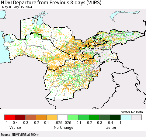 Central Asia NDVI Departure from Previous 8-days (VIIRS) Thematic Map For 5/8/2024 - 5/15/2024