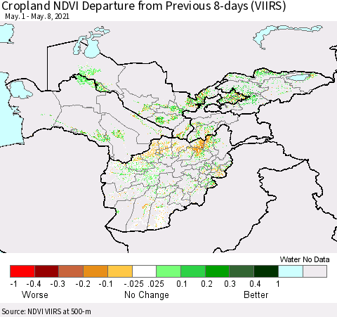 Central Asia Cropland NDVI Departure from Previous 8-days (VIIRS) Thematic Map For 5/1/2021 - 5/8/2021