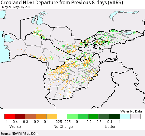 Central Asia Cropland NDVI Departure from Previous 8-days (VIIRS) Thematic Map For 5/9/2021 - 5/16/2021