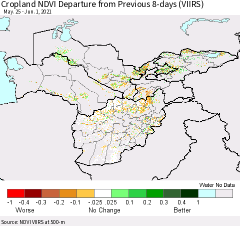 Central Asia Cropland NDVI Departure from Previous 8-days (VIIRS) Thematic Map For 5/25/2021 - 6/1/2021