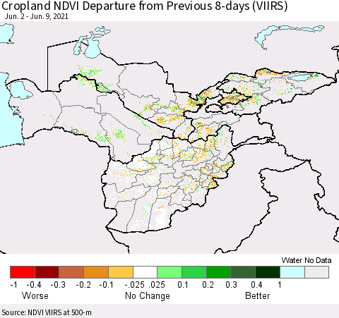 Central Asia Cropland NDVI Departure from Previous 8-days (VIIRS) Thematic Map For 6/2/2021 - 6/9/2021
