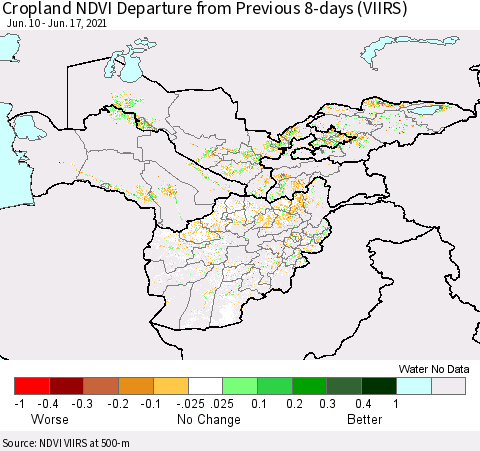 Central Asia Cropland NDVI Departure from Previous 8-days (VIIRS) Thematic Map For 6/10/2021 - 6/17/2021