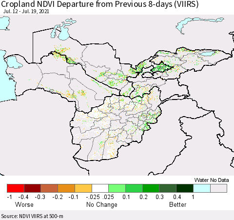 Central Asia Cropland NDVI Departure from Previous 8-days (VIIRS) Thematic Map For 7/12/2021 - 7/19/2021