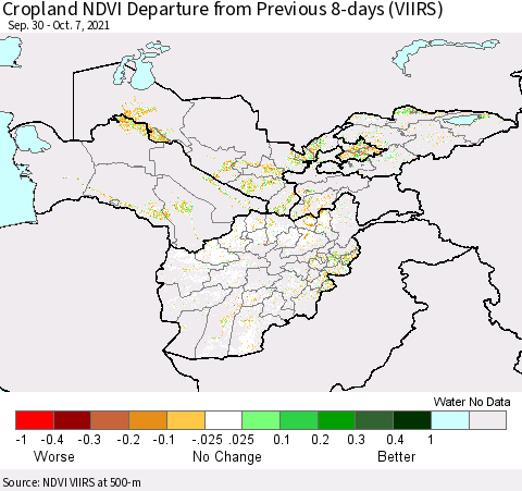 Central Asia Cropland NDVI Departure from Previous 8-days (VIIRS) Thematic Map For 9/30/2021 - 10/7/2021