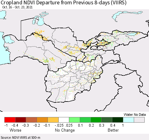 Central Asia Cropland NDVI Departure from Previous 8-days (VIIRS) Thematic Map For 10/16/2021 - 10/23/2021