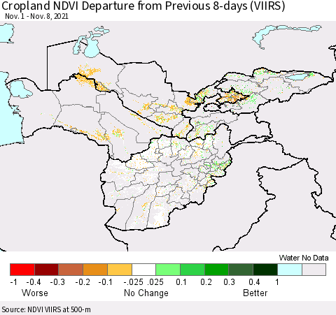 Central Asia Cropland NDVI Departure from Previous 8-days (VIIRS) Thematic Map For 11/1/2021 - 11/8/2021