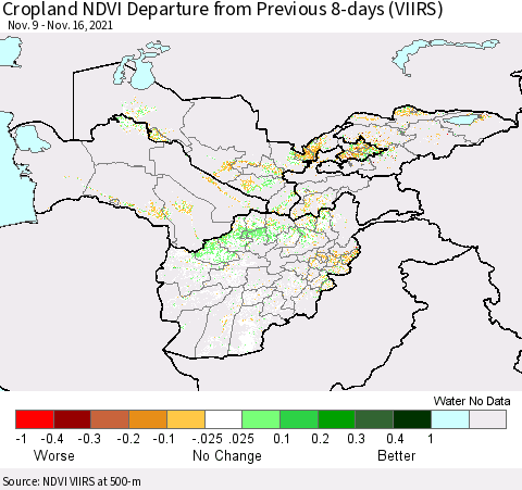 Central Asia Cropland NDVI Departure from Previous 8-days (VIIRS) Thematic Map For 11/9/2021 - 11/16/2021